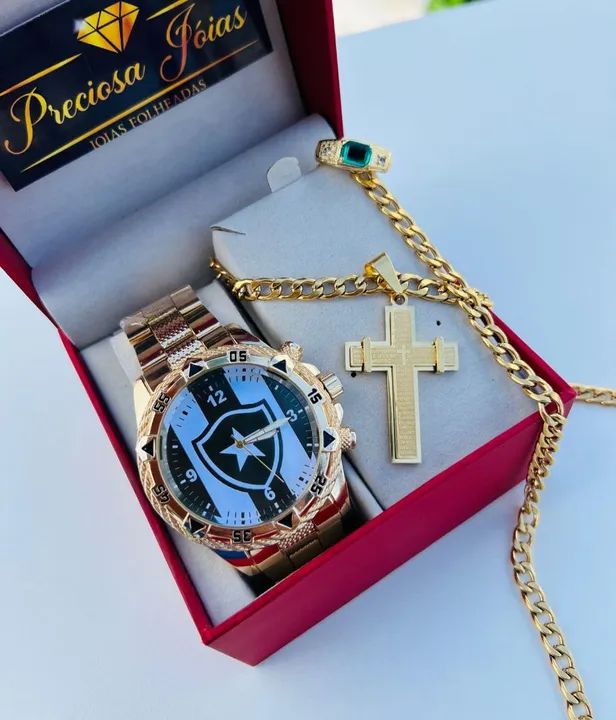 Kit Luxo - Relógio, Anel e Colar Dourado time do coração  - Foto 4