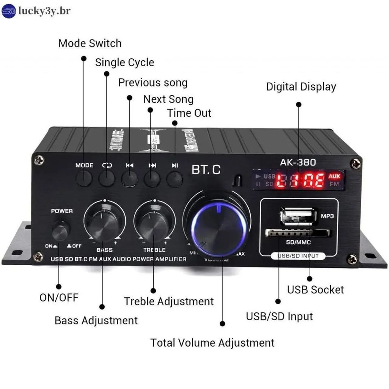 Ak 380 Amplificador De Potência De Áudio 400w + 400w-2.0 Ch/USb/Bluetooth 5.0 +controle - Foto 4