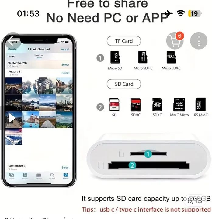 Leitor de Cartões SD TIPO C, para iPhone e Android - Adaptador Tipo C - Foto 3