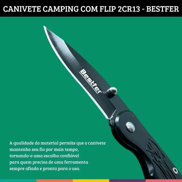 Canivete Com Flip Aço Inoxidável Camping - Bestfer - Foto 3