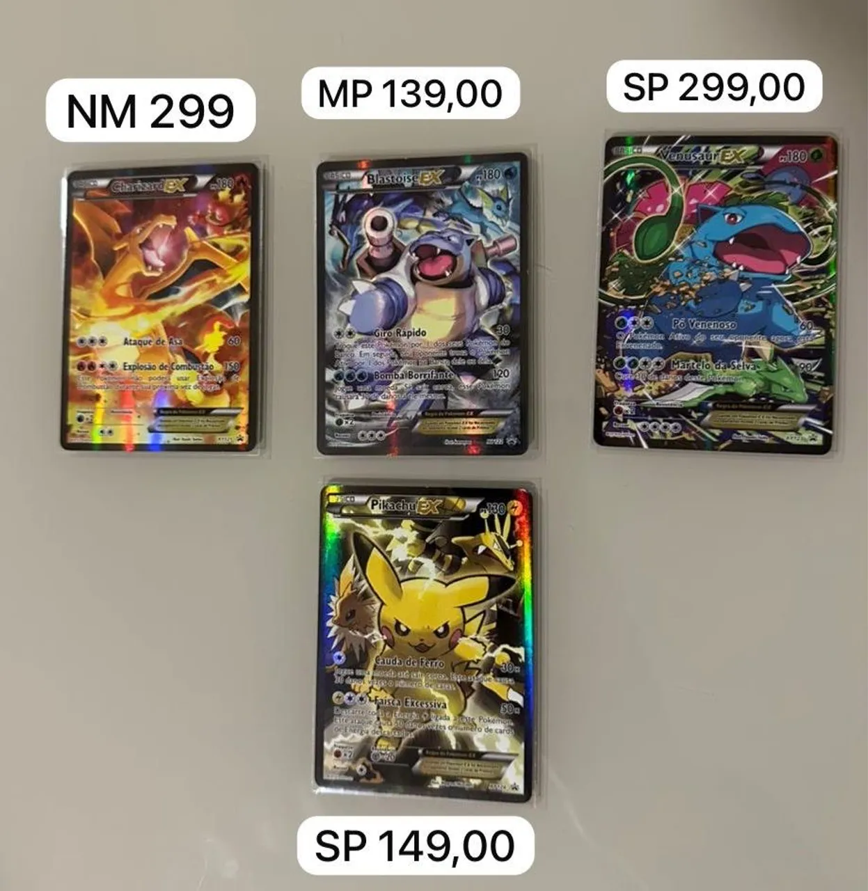 Cartas Pokémon EX - Charizard, Blastoise, Venusaur e Pikachu