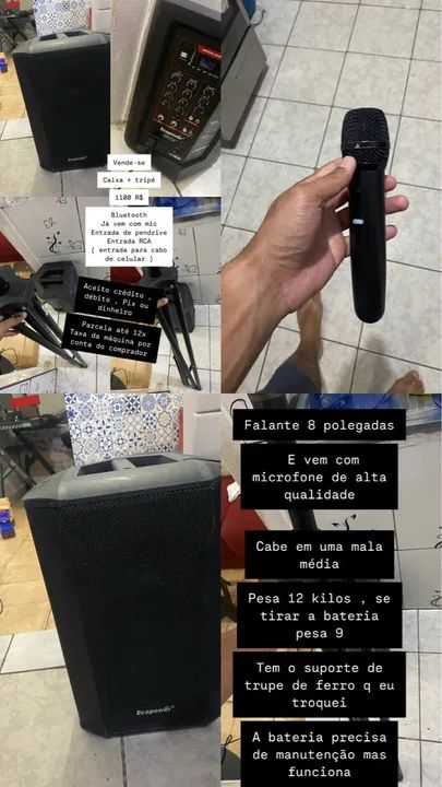 Caixa,  Microfone e tripe ecopower s319