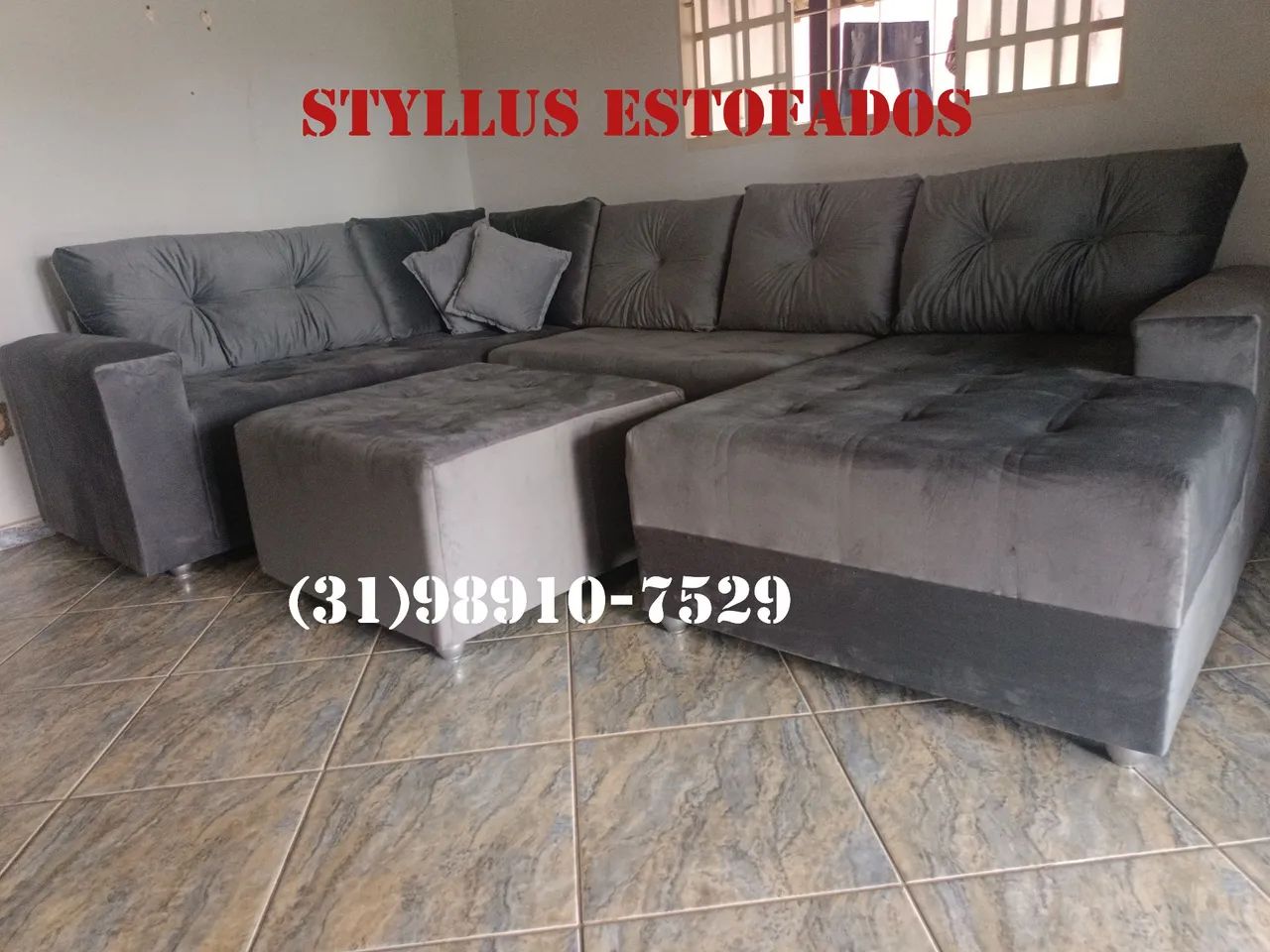 Sofá de Canto em Suede Cinza - Novo