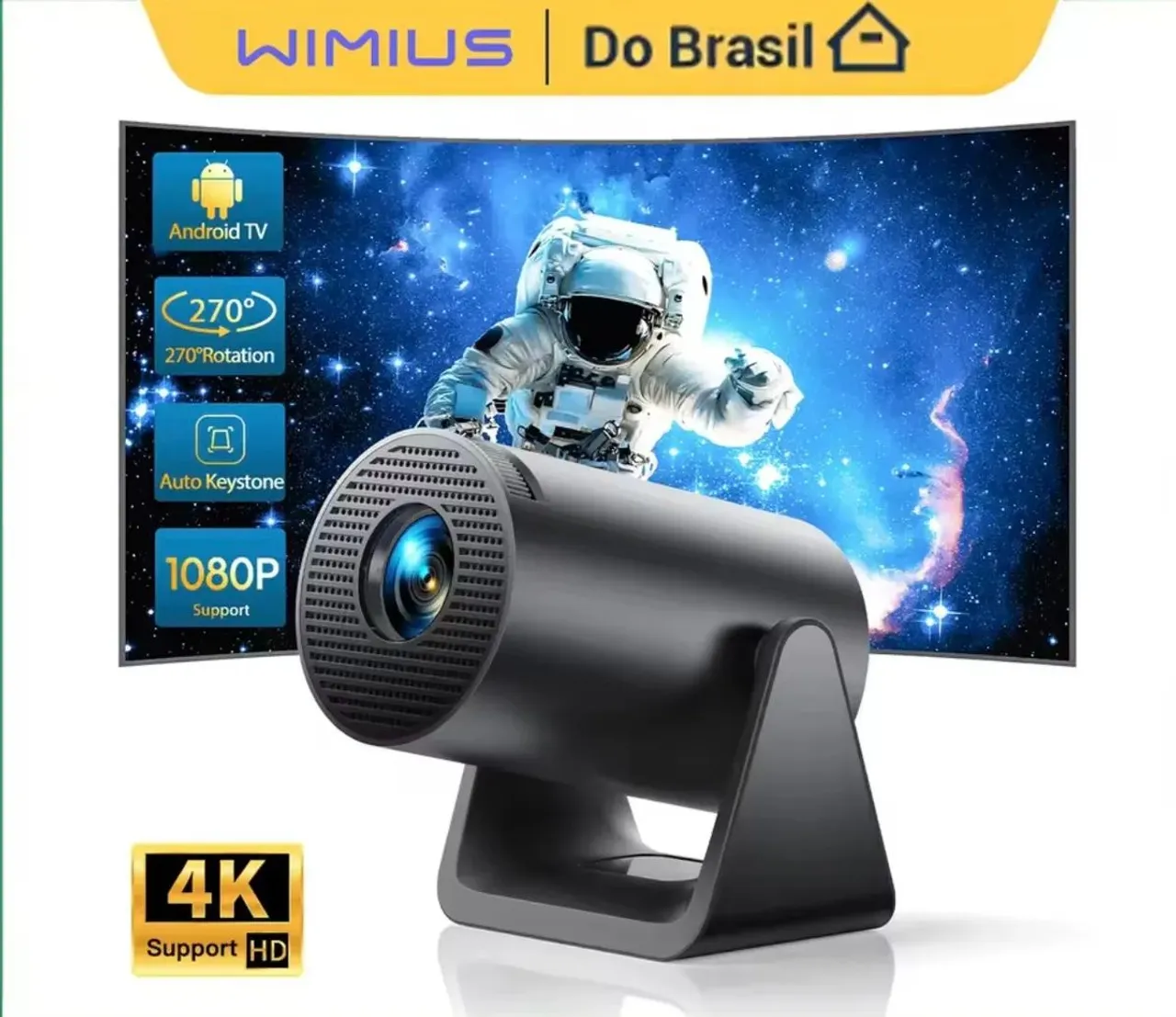 Projetor Portátil 4K com Android TV e Rotação de 270°