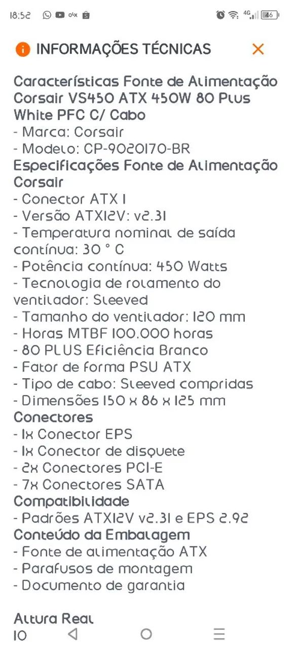 Fonte corsair vs450 80 plus white - Foto 2