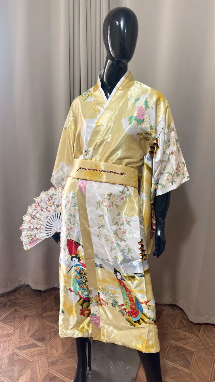 kimono longo amarelo estampado único