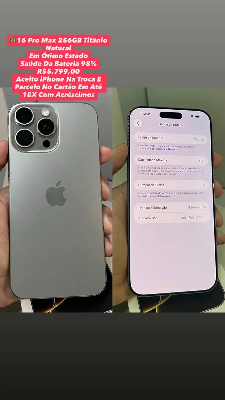 iPhone 16 Pro Max 256GB Titânio Natural - Usado