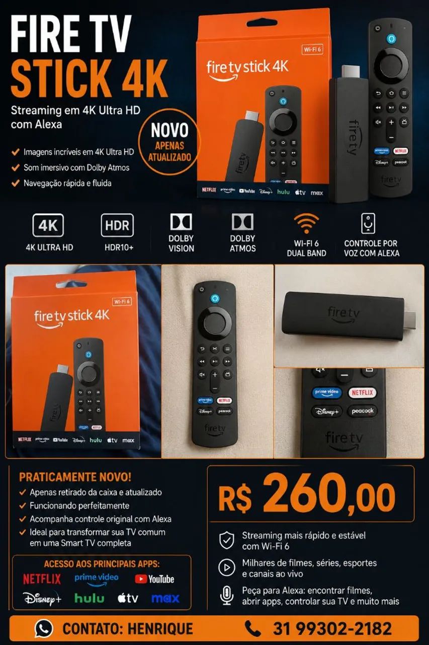 Amazon Fire TV Stick 4K Wi-Fi 6 com Alexa - Praticamente Novo