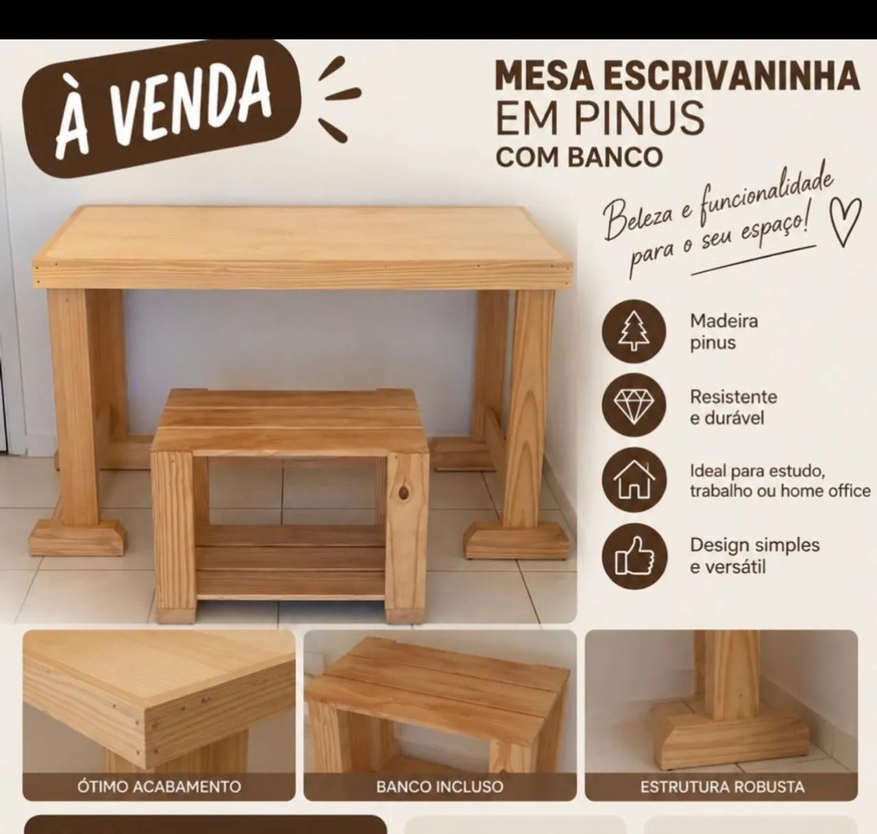 Escrivaninha e banco em pinus seminovos 