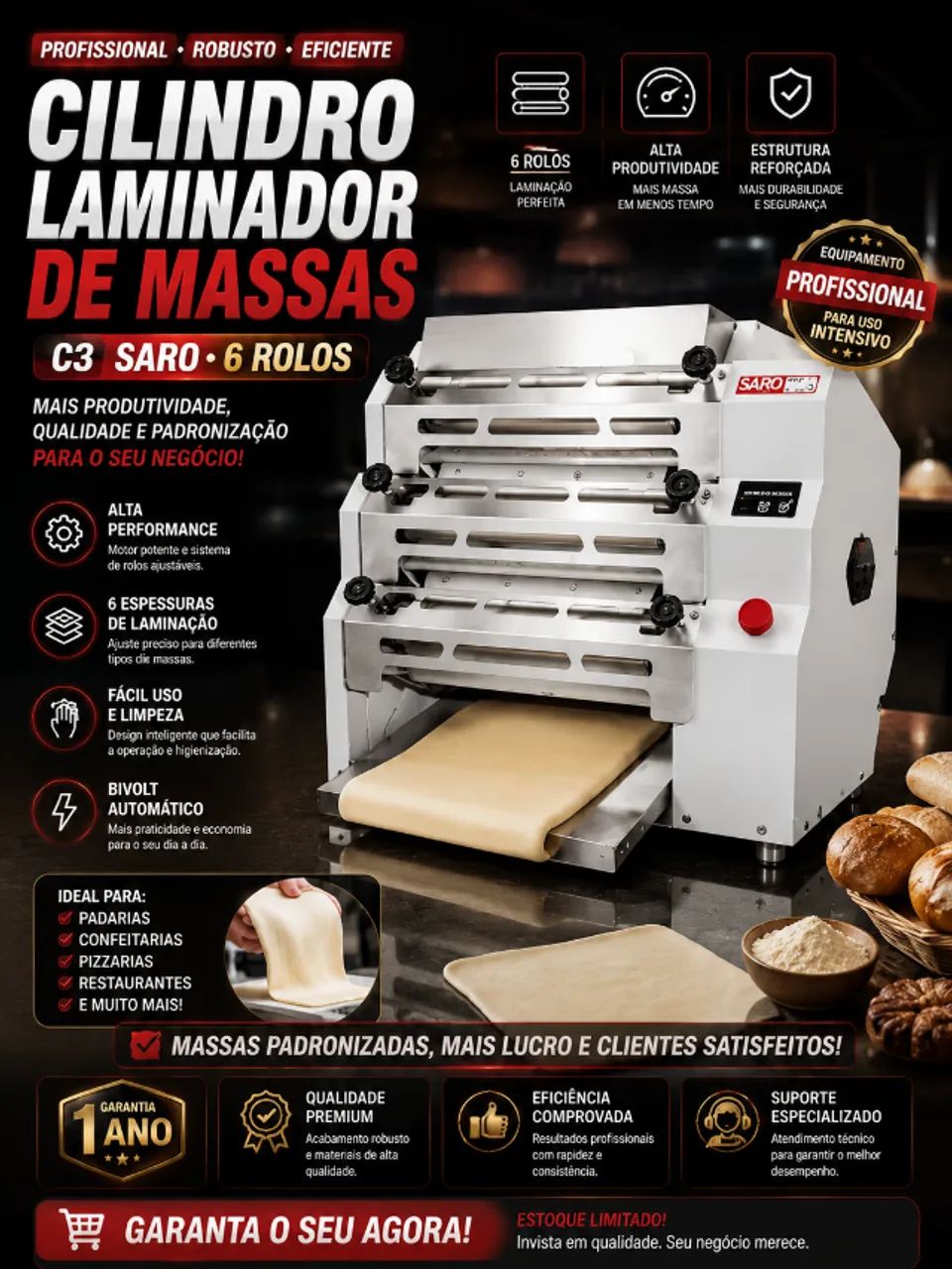 Cilindro Laminador De Massas Elétrico 6 Rolos C3 Saro Bivolt - Foto 2