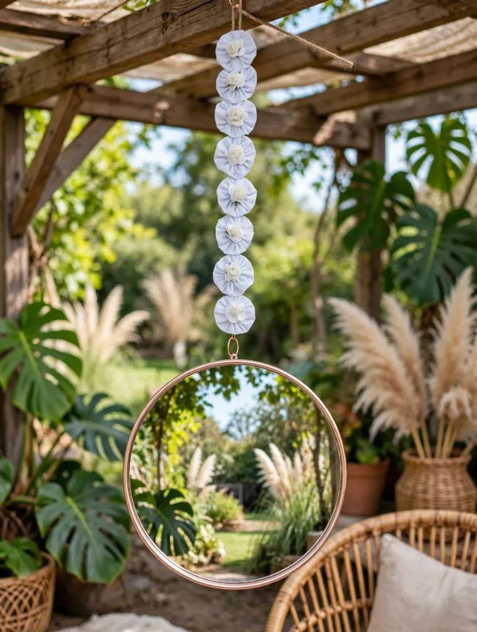 Espelho com corrente dourada decorado com fuxicos e flores - Foto 3