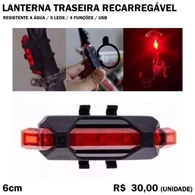 Sinalizador Led Traseira de Bike Recarregável Vermelha