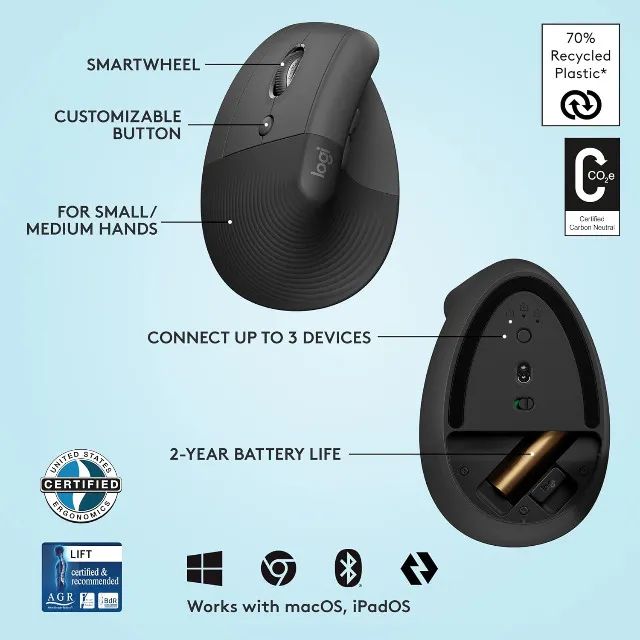 Mouse Sem Fio Para Canhotos Logitech Lift Left Vertical Com Design Ergonômico, Bluetooth - Foto 4