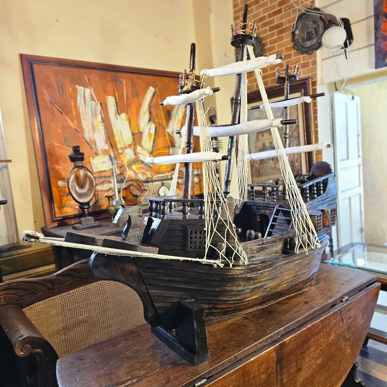 Antiguidades, caravela enorme de madeira , decoração reliquia  - Foto 6