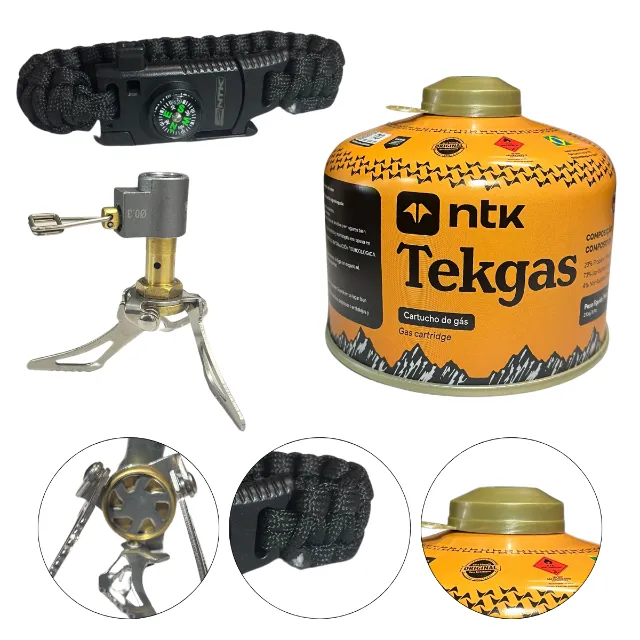Kit gás + fogareiro nano +pulseira paracord com mini faca e bussola