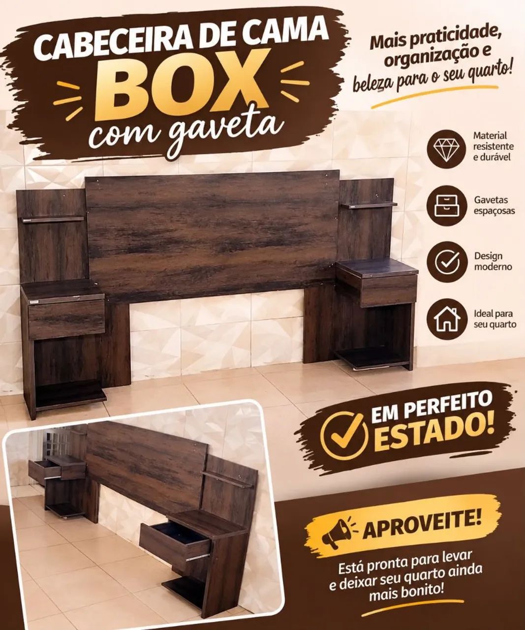 Cabeceira, cama casal com duas gavetas. *65