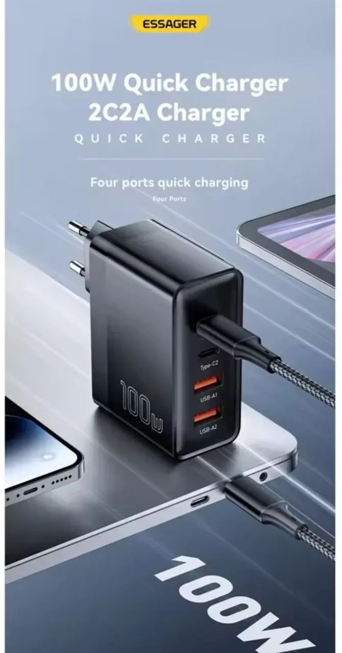 Carregador Rápido Essager 100W 2C2A 4 Portas USB-C e USB Tipo-C Turbo - Foto 5