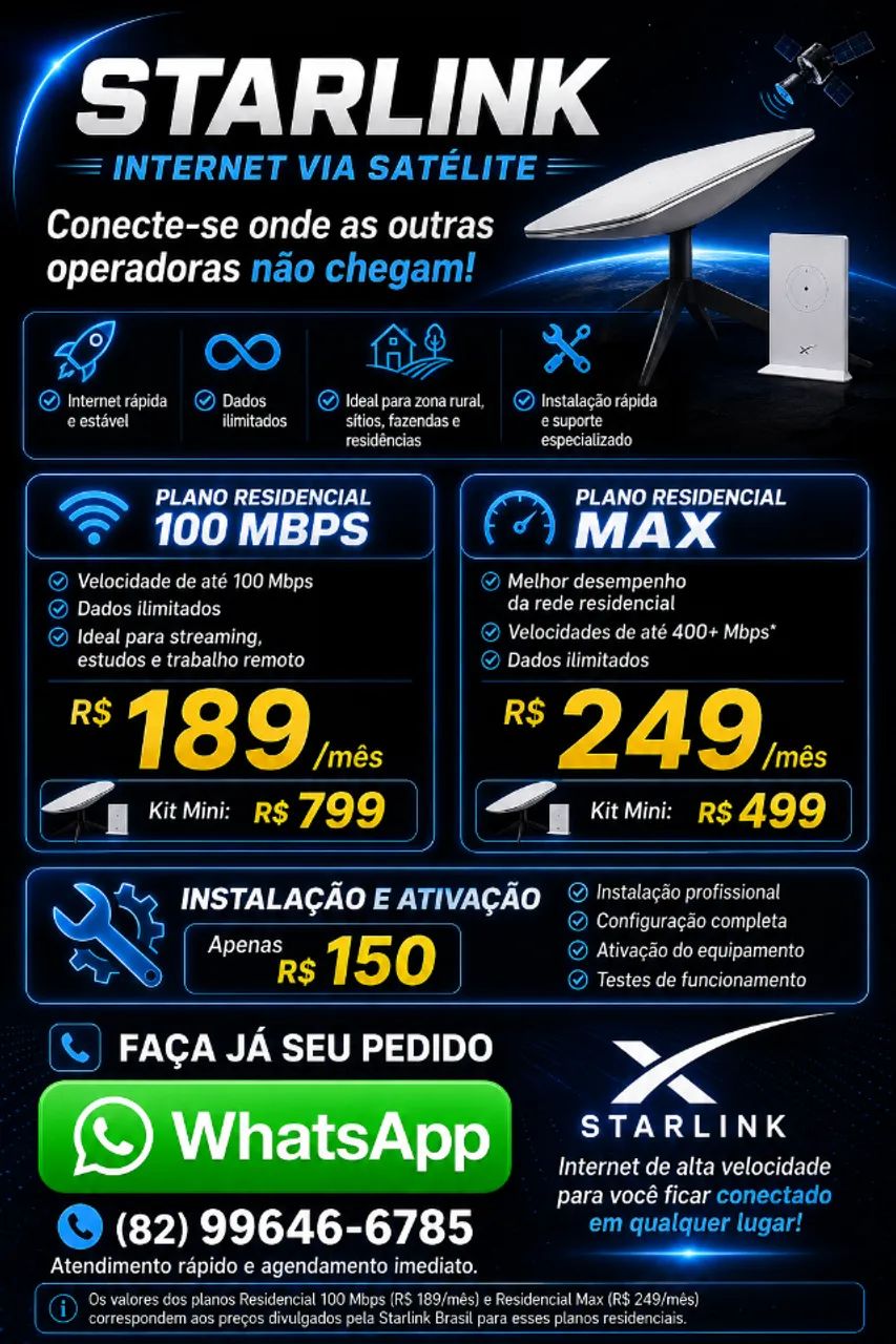 Starlink internet via satélite de alta velocidade ilimitada