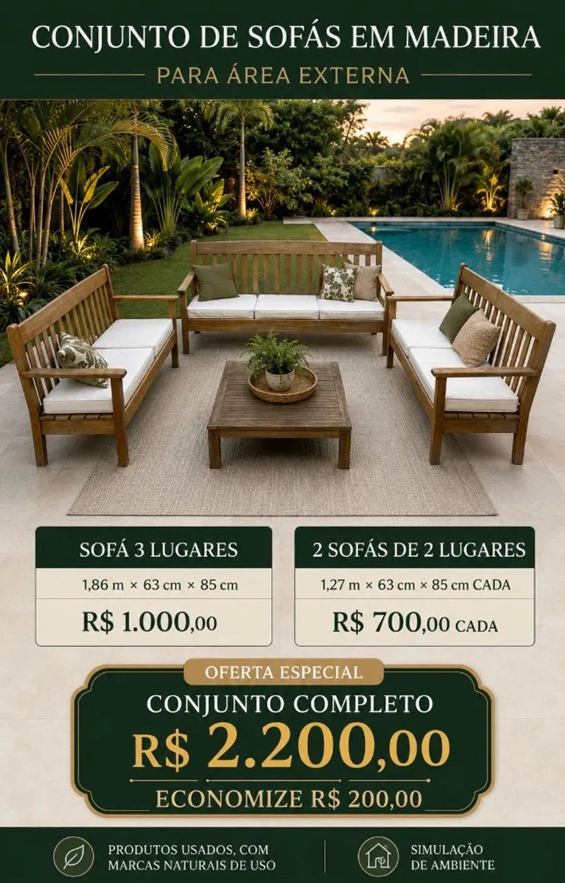 CONJUNTO DE SOFÁS EM MADEIRA - 3 PEÇAS