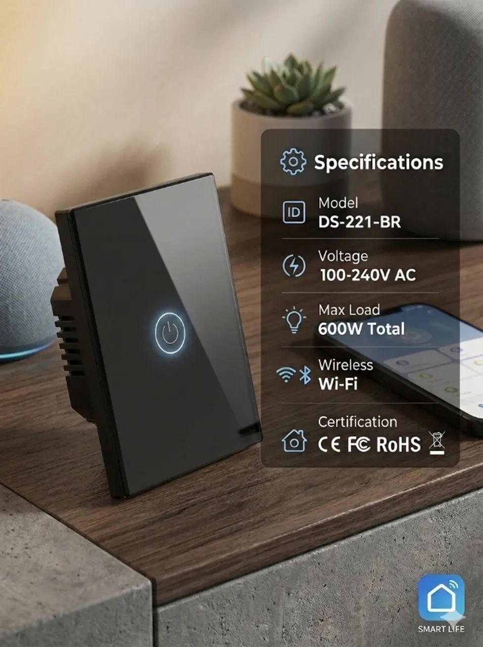 Interruptor Inteligente Touch Wi-Fi + Bluetooth - Modelo DS-121 (Novo)