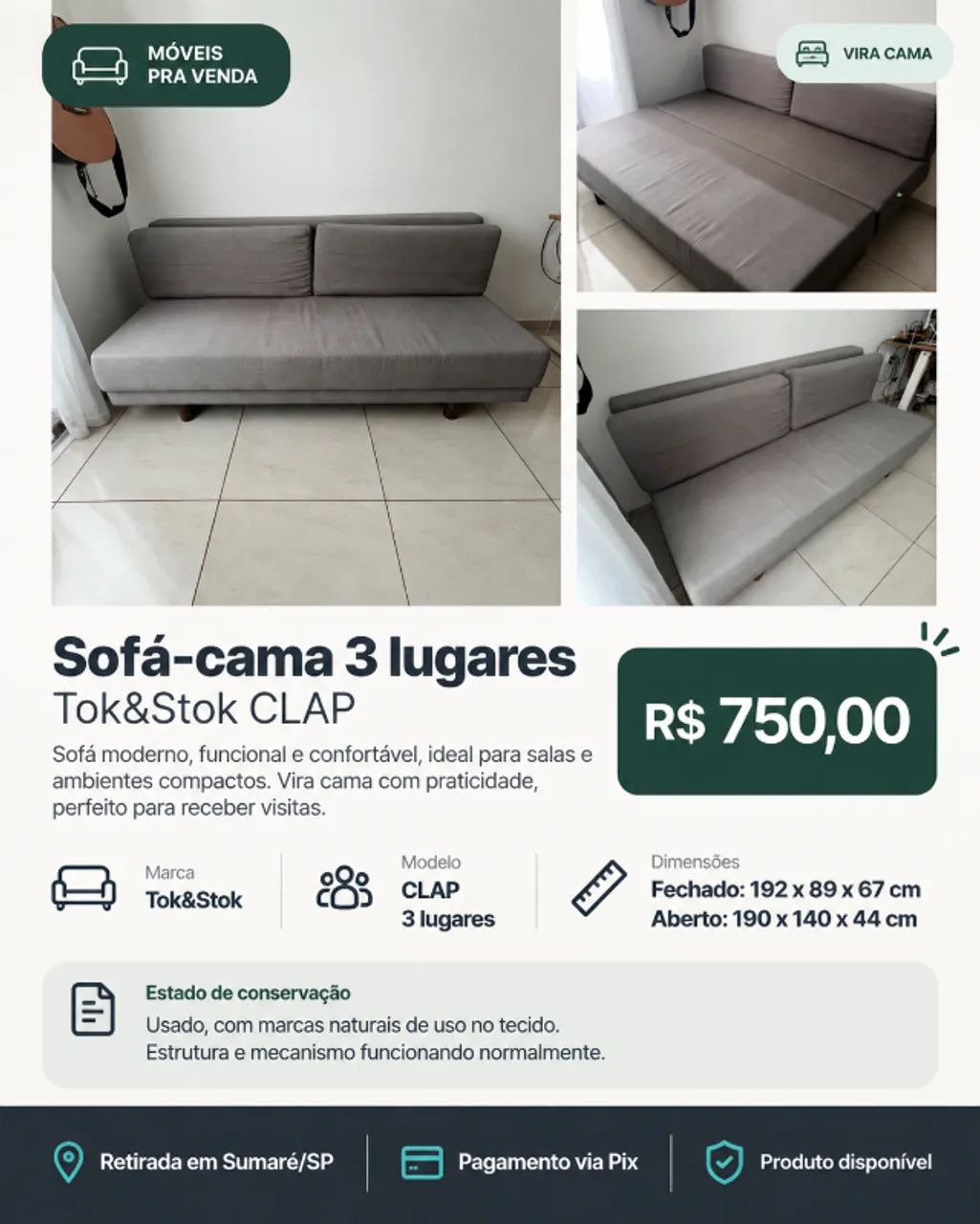 Sofá-cama Tok&Stok CLAP 3 Lugares