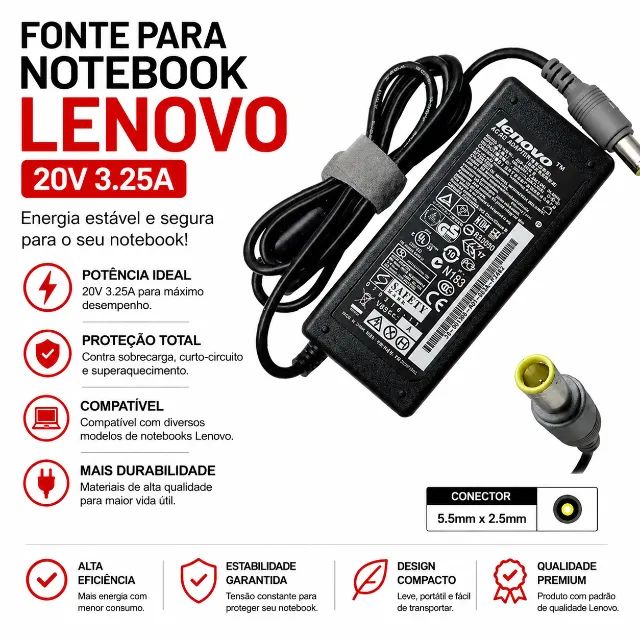 Fonte De Notebook Lenovo 20v 3.25a