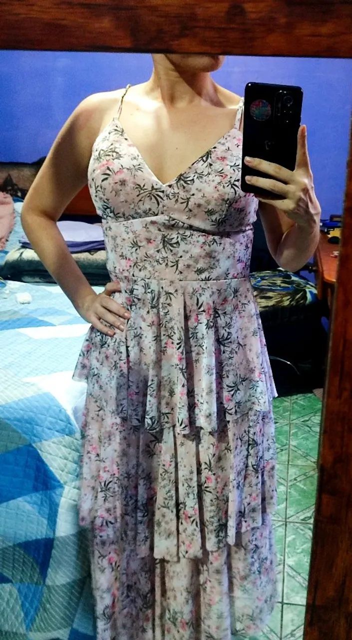 Vestido Social floral rodado com folhos (USADO) - Foto 2