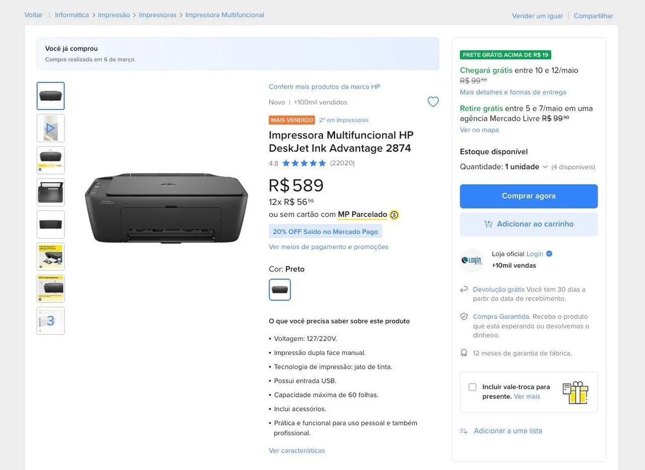 Impressora Multifuncional HP DeskJet Ink Advantage 2874 