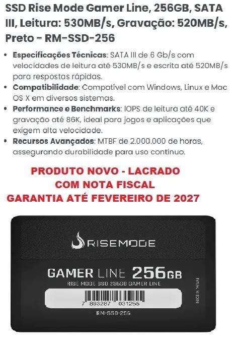 SSD Rise Mode Gamer Line, 256GB, SATA III, Leitura: 530MB/s, Grav: 520MB/s,