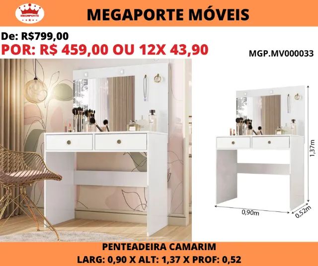 Penteadeira Camarim 0,90cm com 2 Gavetas