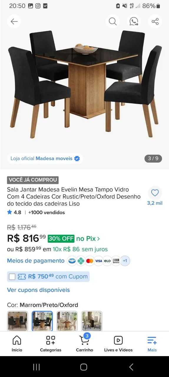 Mesa de jantar 4 cadeiras