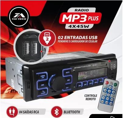 Auto Radio Automotivo Bluetooth Som Carro 2 Entradas Usb Sd Mp3 Aux P2 Toca cd Bob Trio - Foto 7