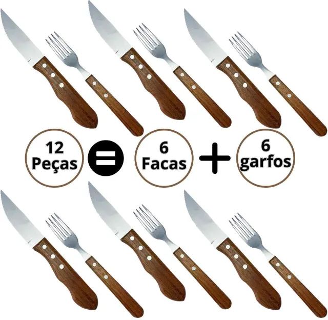 Faqueiro Cabo de Madeira Aço Inox 12 pçs Churrasco Faca Garfo de Mesa Buffet festa Oferta - Foto 4