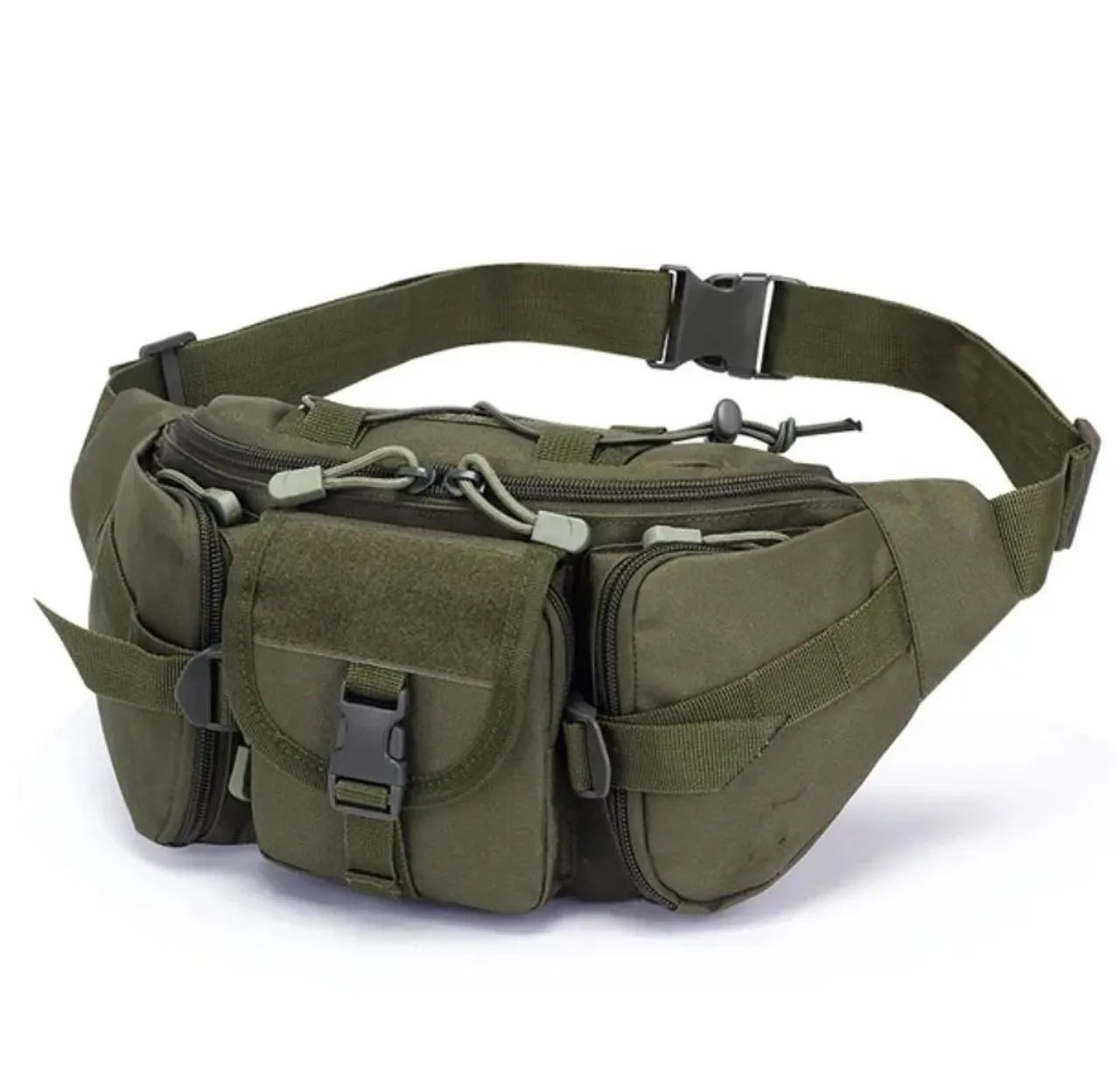 Pochete verde oliva, tatica, MOLLE, zíper e velcros