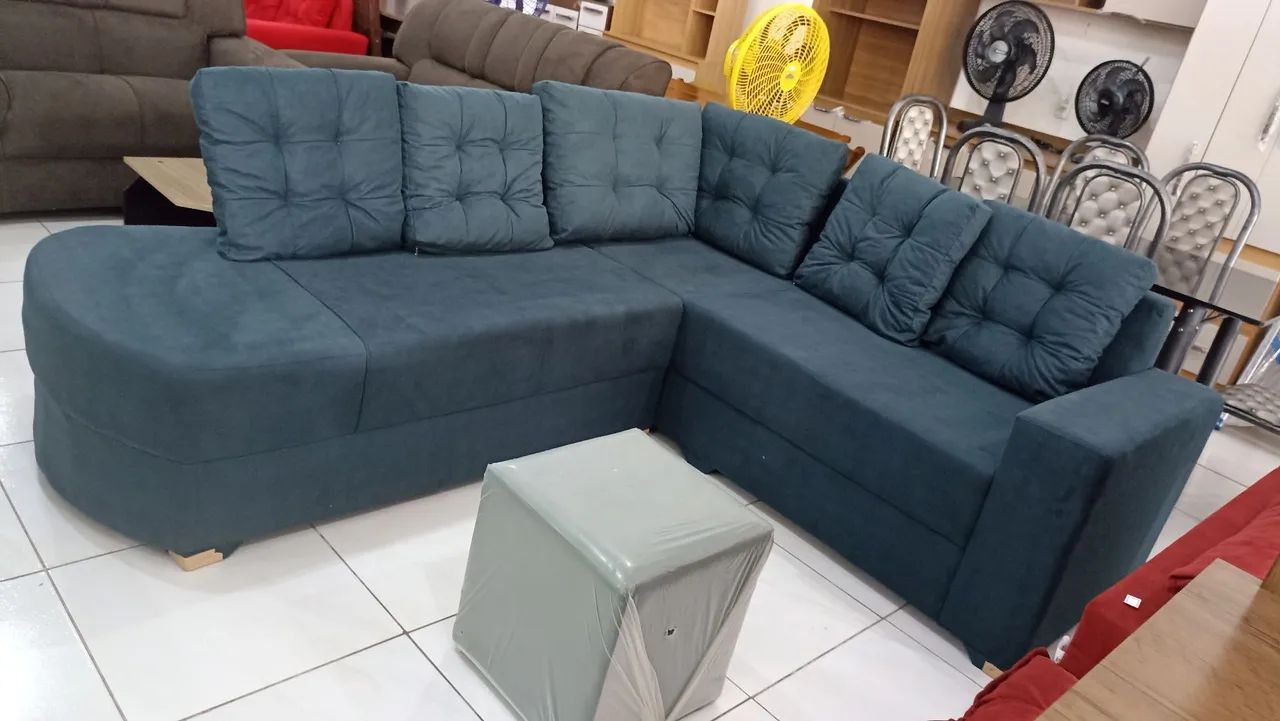 Sofá de Canto em Suede Azul - Novo!