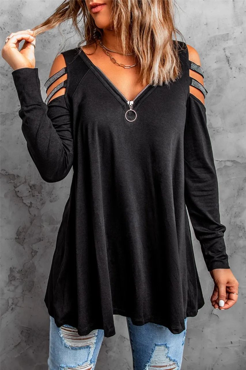 Blusa manga comprida preta com detalhes em sequin NOVA