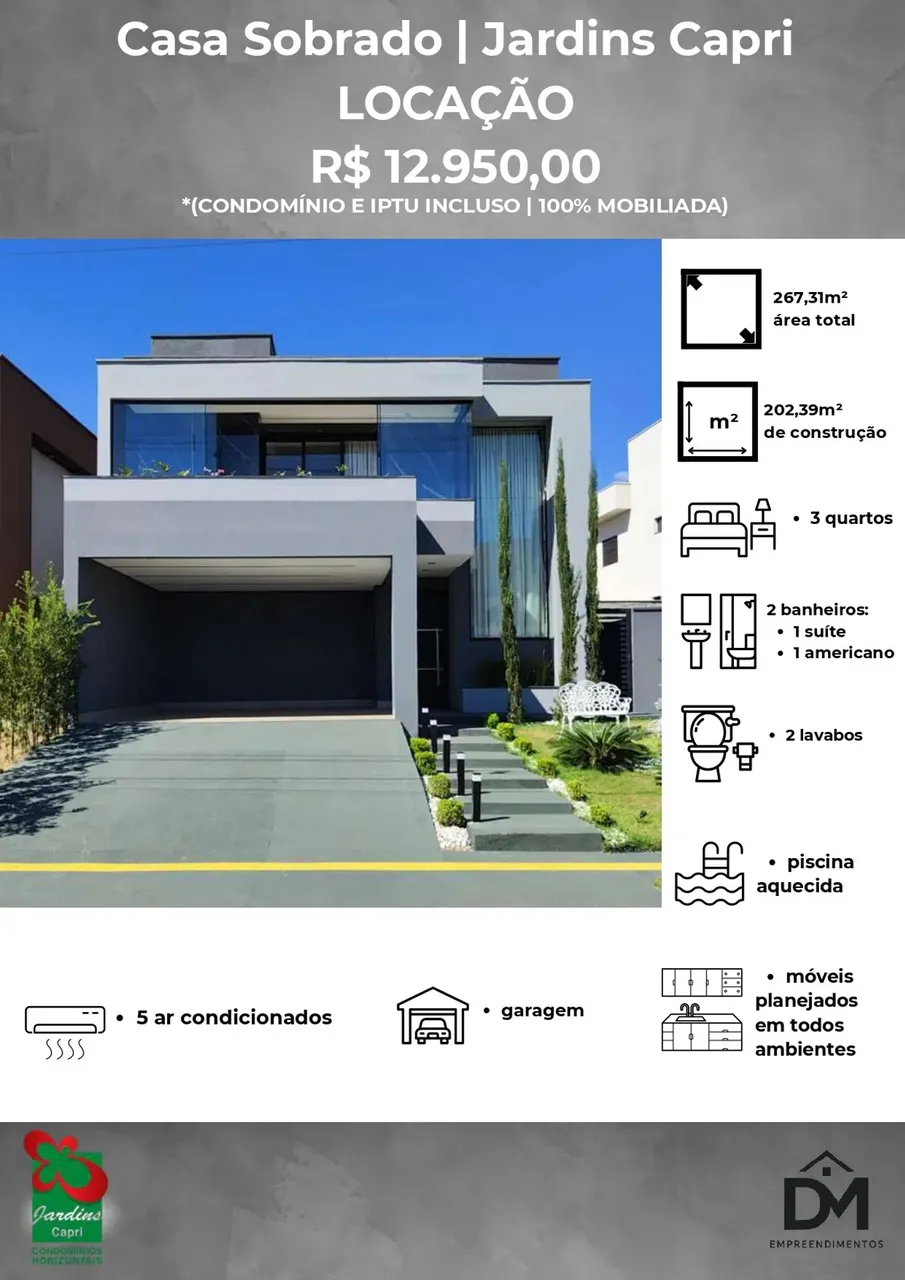 Sobrado Mobiliado para Aluguel com 202m² e 3Q sendo 1 Suíte Plena no Condomínio Jardins Ca