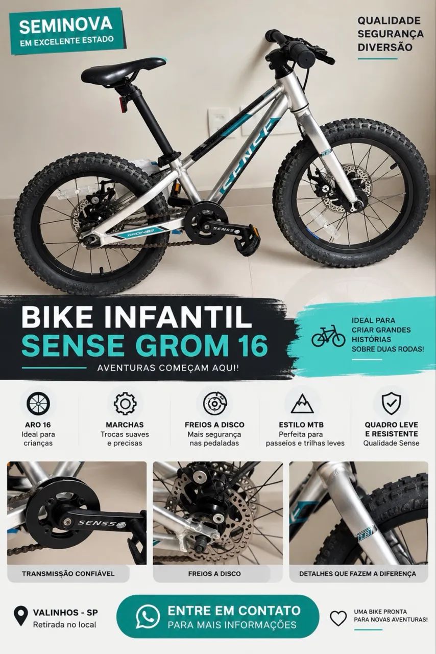 Bicicleta Infantil Sense Grom Aro 16 - Freio a Disco - Ótimo Estado - Foto 2