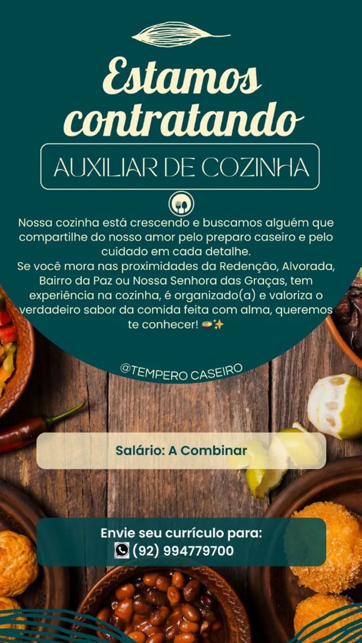 VAGA DE  EMPREGO TEMPERO CASEIRO 