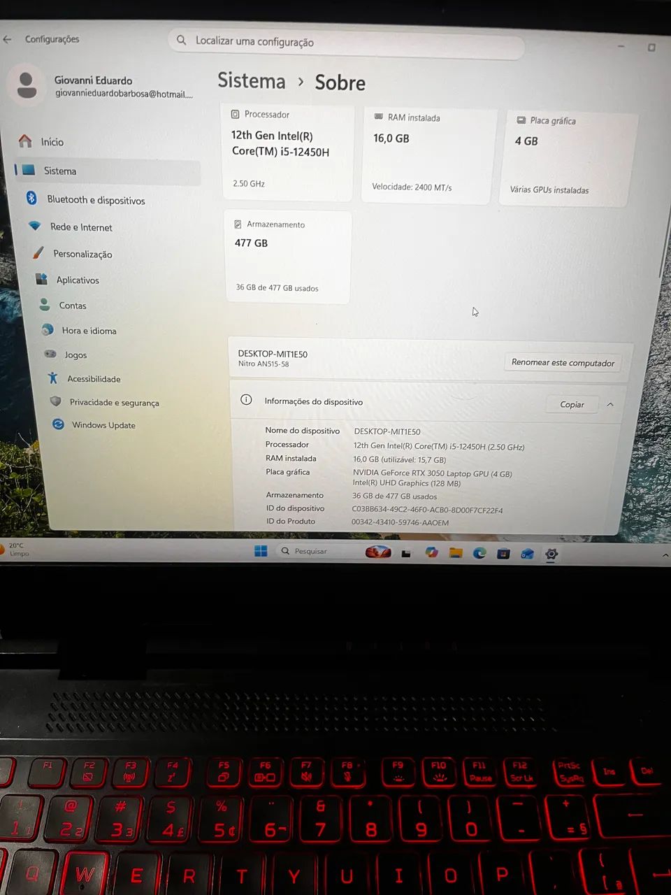 Notebook Acer Nitro 5 - i5 12ª - 16/512 - RTX 3050 - Foto 4