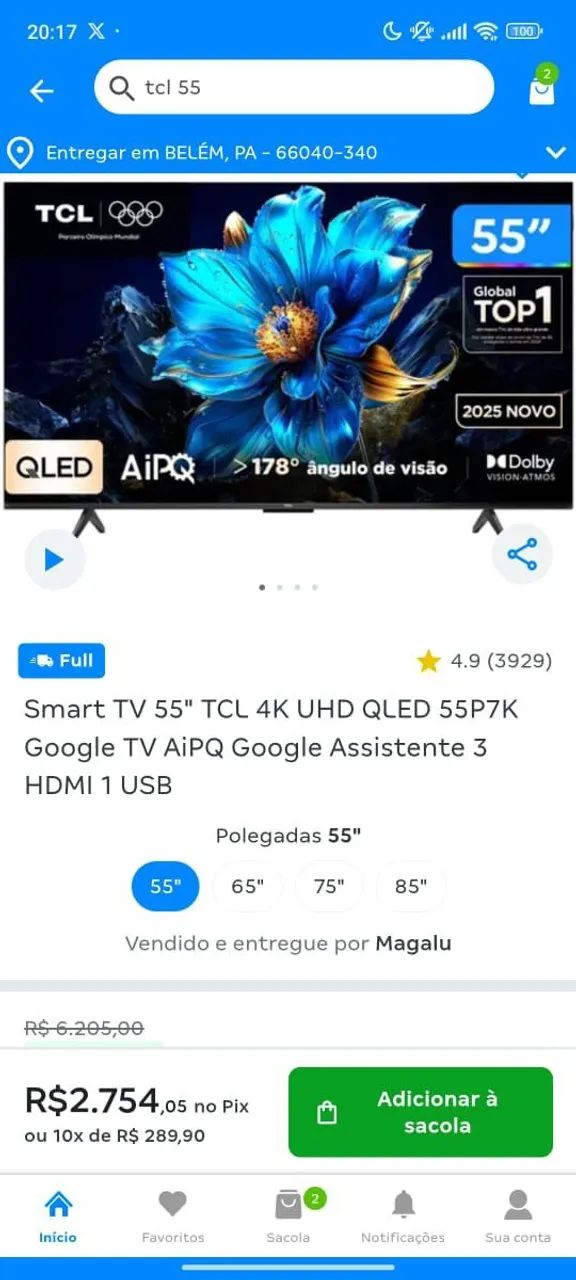 SMART TV 55 POLEGADAS "TCL 4K UHD QLED 55P7K Google TV AIPQ Google Assistente 3 HDMI 1 USB