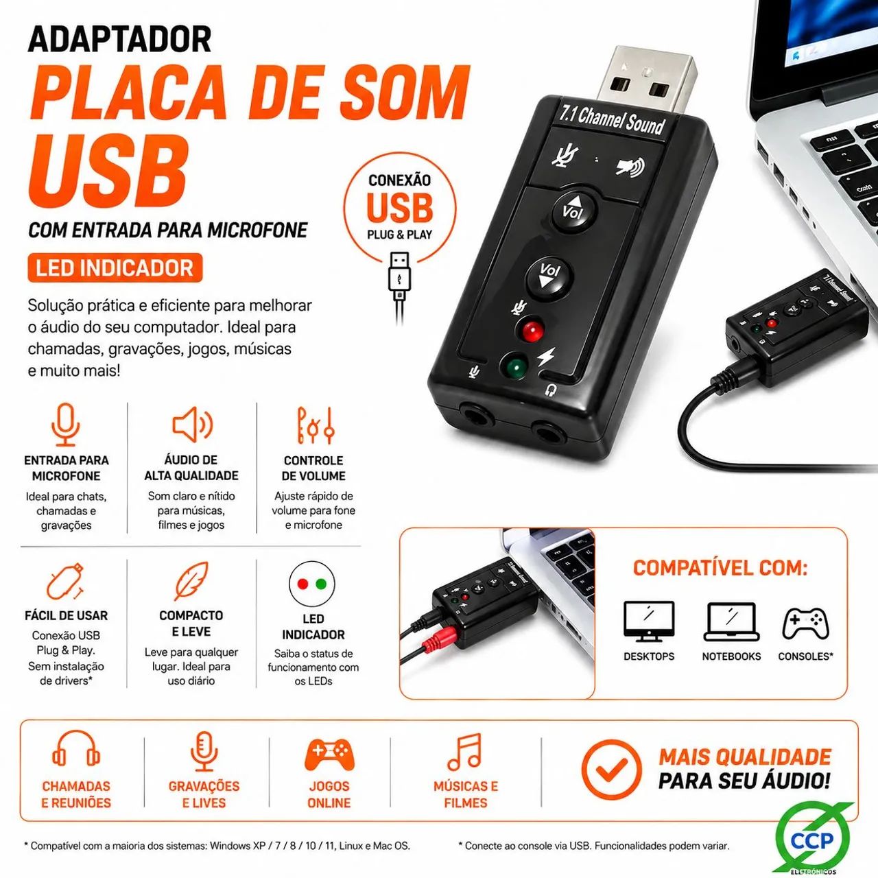 Adaptador Placa de Som USB Com Entrada Para Microfone e LED Indicador 