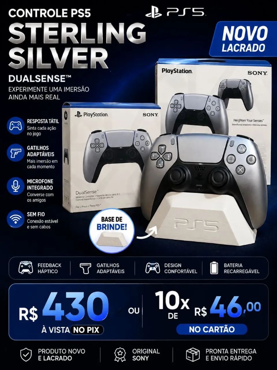 Controle PS5 DualSense Sterling Silver - Base de brinde  - Foto 2