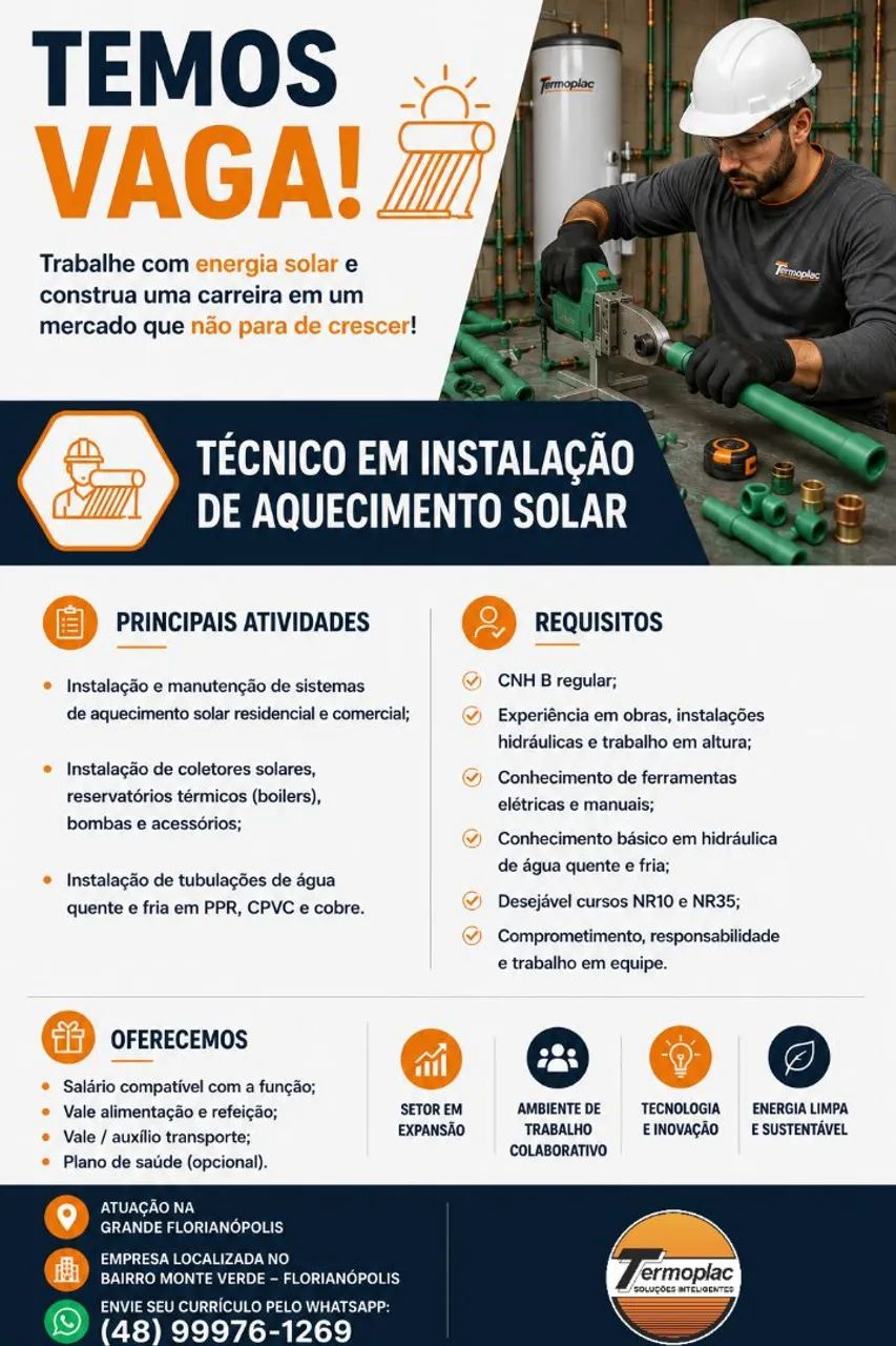 Vaga para Técnico em Aquecimento Solar