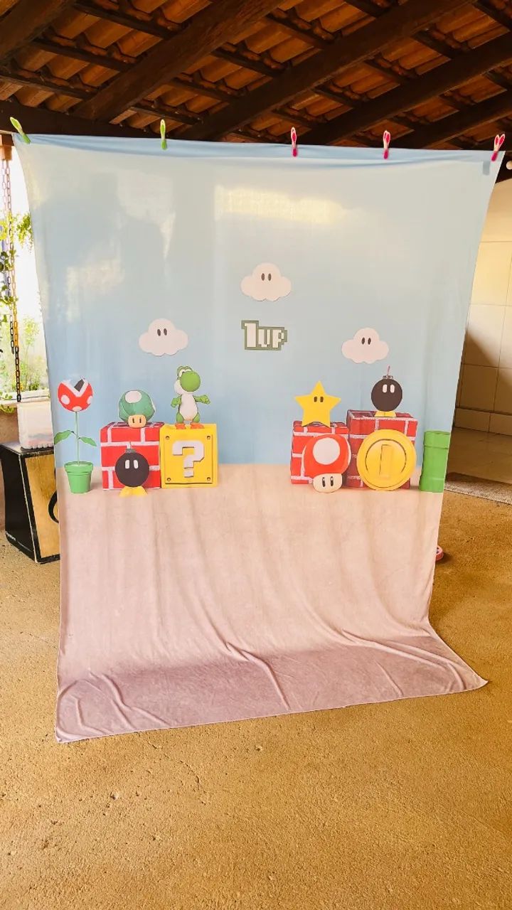Painel Fotográfico em Tecido Mario World para Eventos e Fotografias