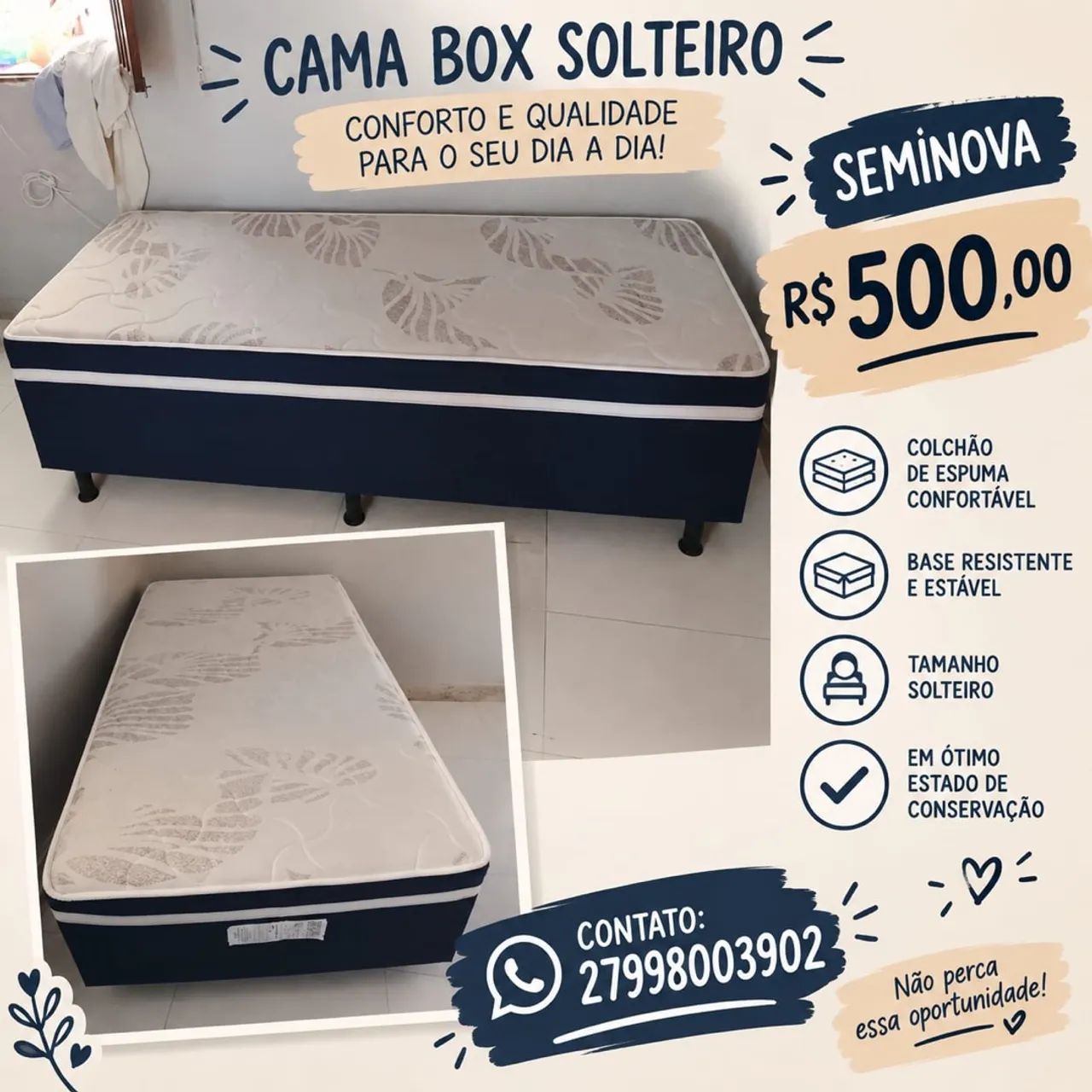 Vendo cama box solteiro,seminova 