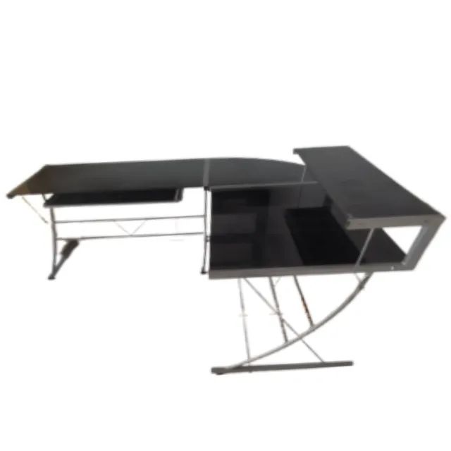 L-shaped aluminum and dark glass office desk