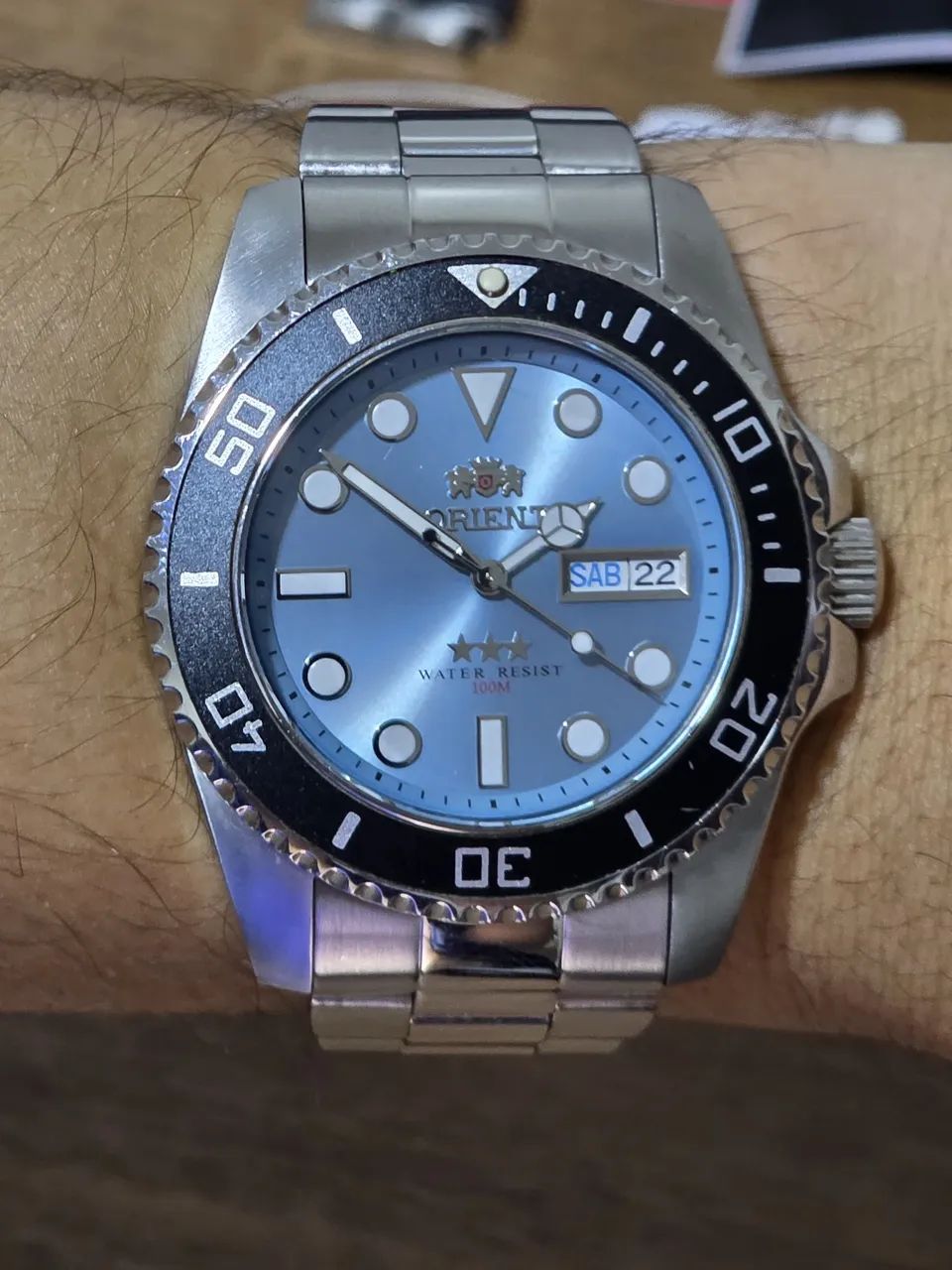 Relógio Orient Submariner Automático Azul 42mm Diver 100m Aço Inox