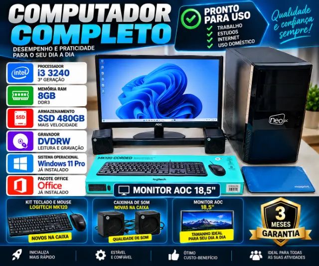 Computador Completo intel i3 3240 | 8GB memória | SSD 480GB | Monitor AOC 18,5" Windows 11