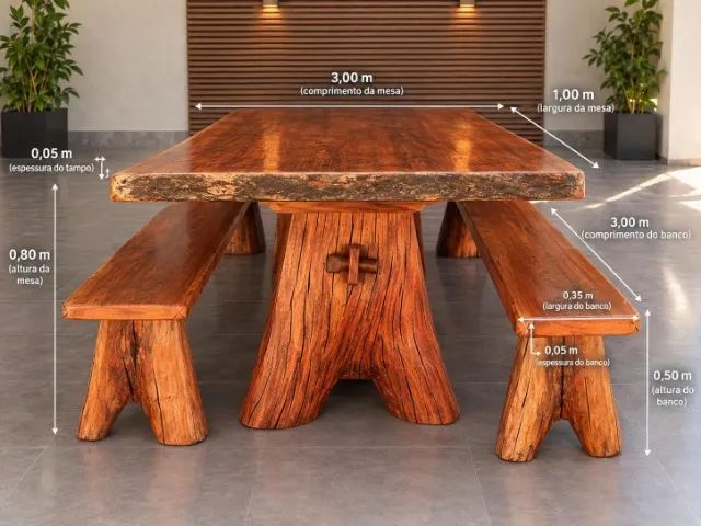 Conjunto Mesa Rústica em Madeira Angelim Pedra com 2 Bancos - Foto 4